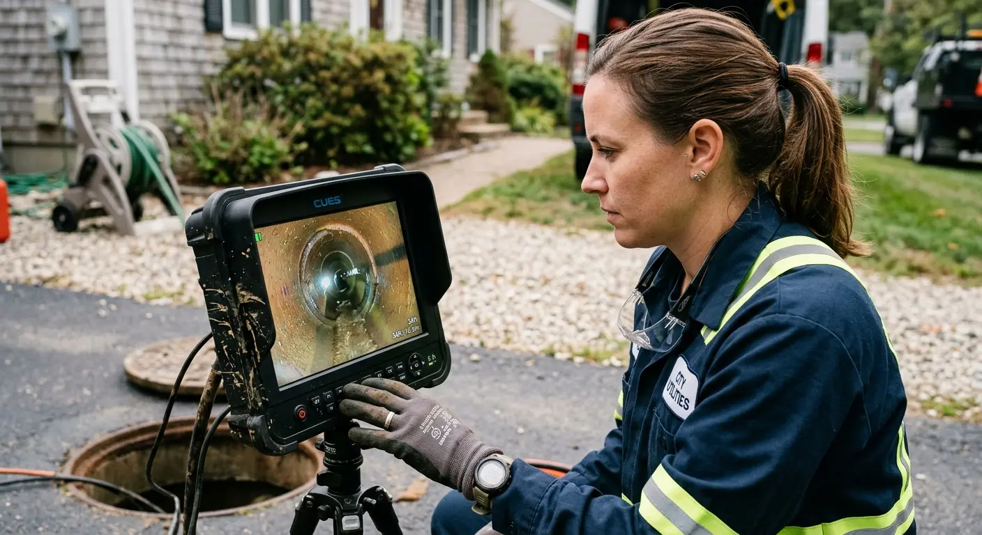 Technician reviewing sewer camera inspection footage in Berkeley