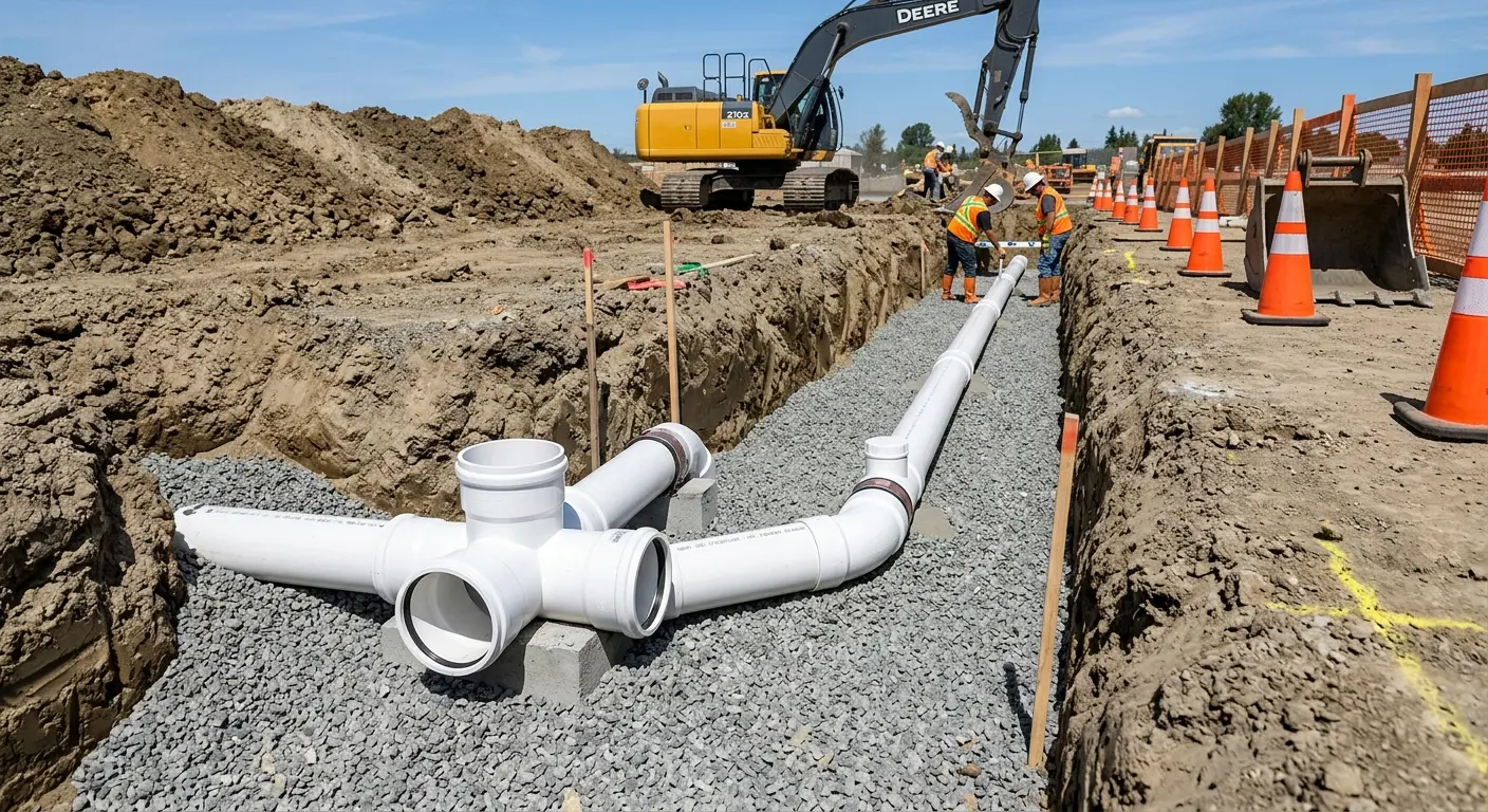 New PVC sewer pipe installation in open trench for Grease Trap Cleaning in Berkeley