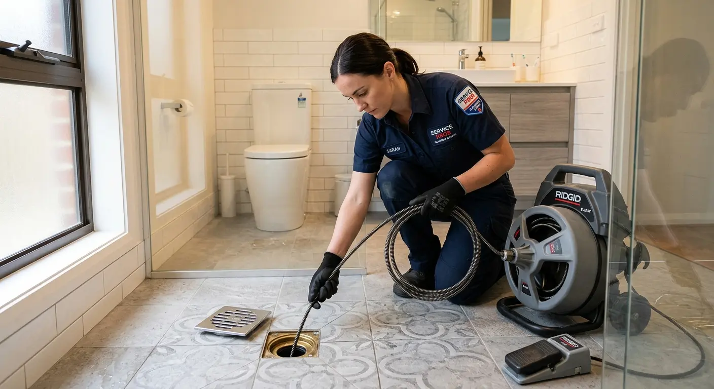 Technician clearing a bathroom floor drain for Sewer Line Installation in Berkeley